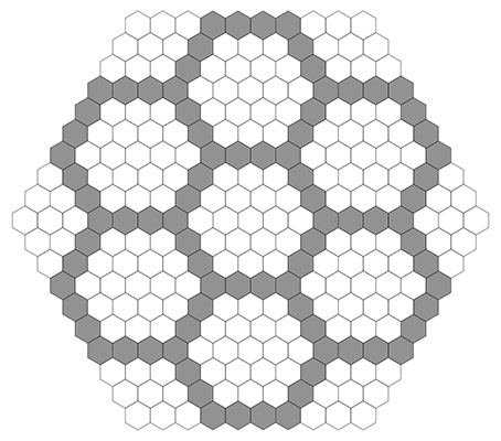 Overlapping hexagonal regions.